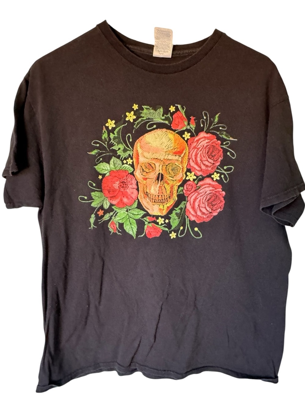 Vintage Black Skull & Rose Rock Biker Graphic Tee Women’s L
